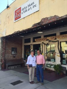 CDFI Director Annie Donovan and Clarksdale native and"Bubba" Okeefe at Cathead Blues in Clarksdale, Miss.